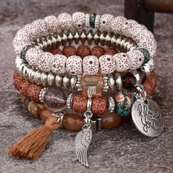 I LOVE YOU Stacked Beaded Boho Bracelets Charms Tassel BRAND NEW - Picture 1 of 6